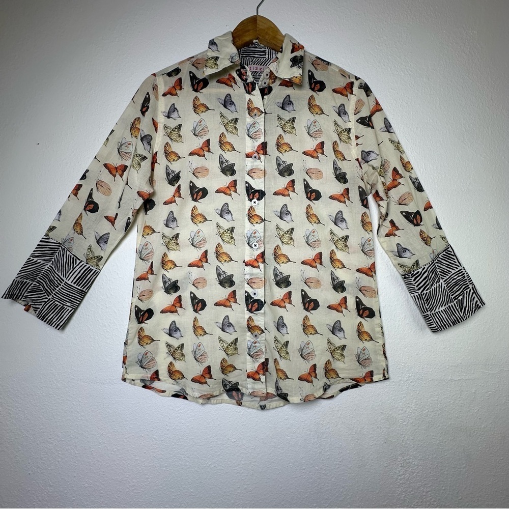TIZZIE 100% COTTON 3/4 SLEEVE ROME SHIRT NEUTRAL BUTTERFLIES VOILE - Picture 2 of 14